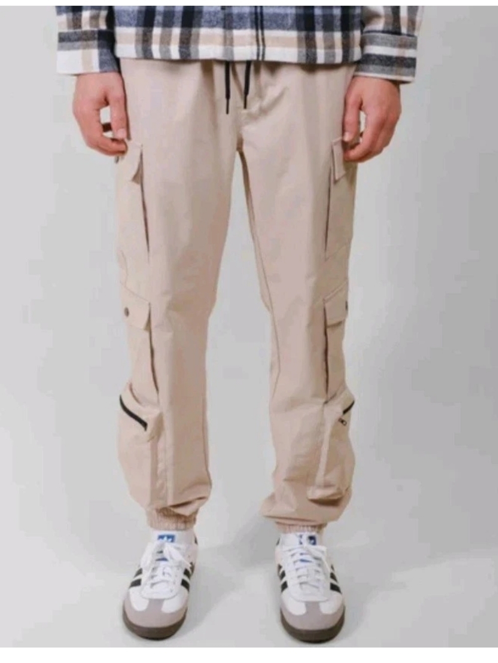 NEW Brooklyn Clothing Cargo Joggers Multi Pocket Nylon Khaki Pants Drawstring M